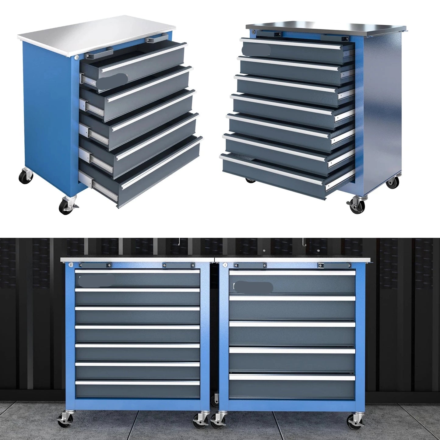 Modulaire Gereedschapskast - Werkplaatswagen - Gereedschapswagen - 5 of 7 Lades - 3-in-1 Opbergoplossing - Met Wielen - en Slot - Metalen Werkbank - Koppelbare Tool Cabinet - Blauw