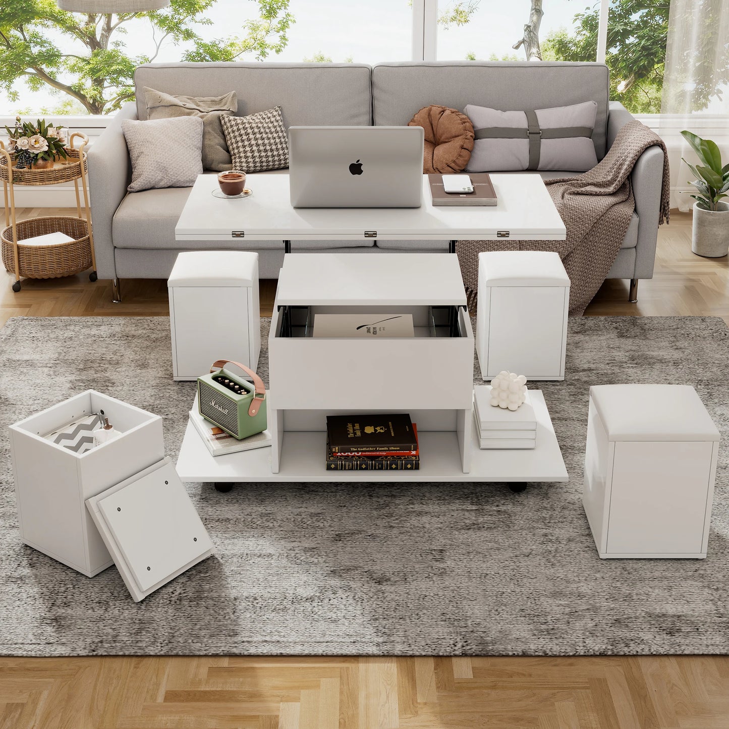 Liftable multifunctional coffee table - the desktop can be opened into 2 tables, large capacity, multifunctional table - QUORE
