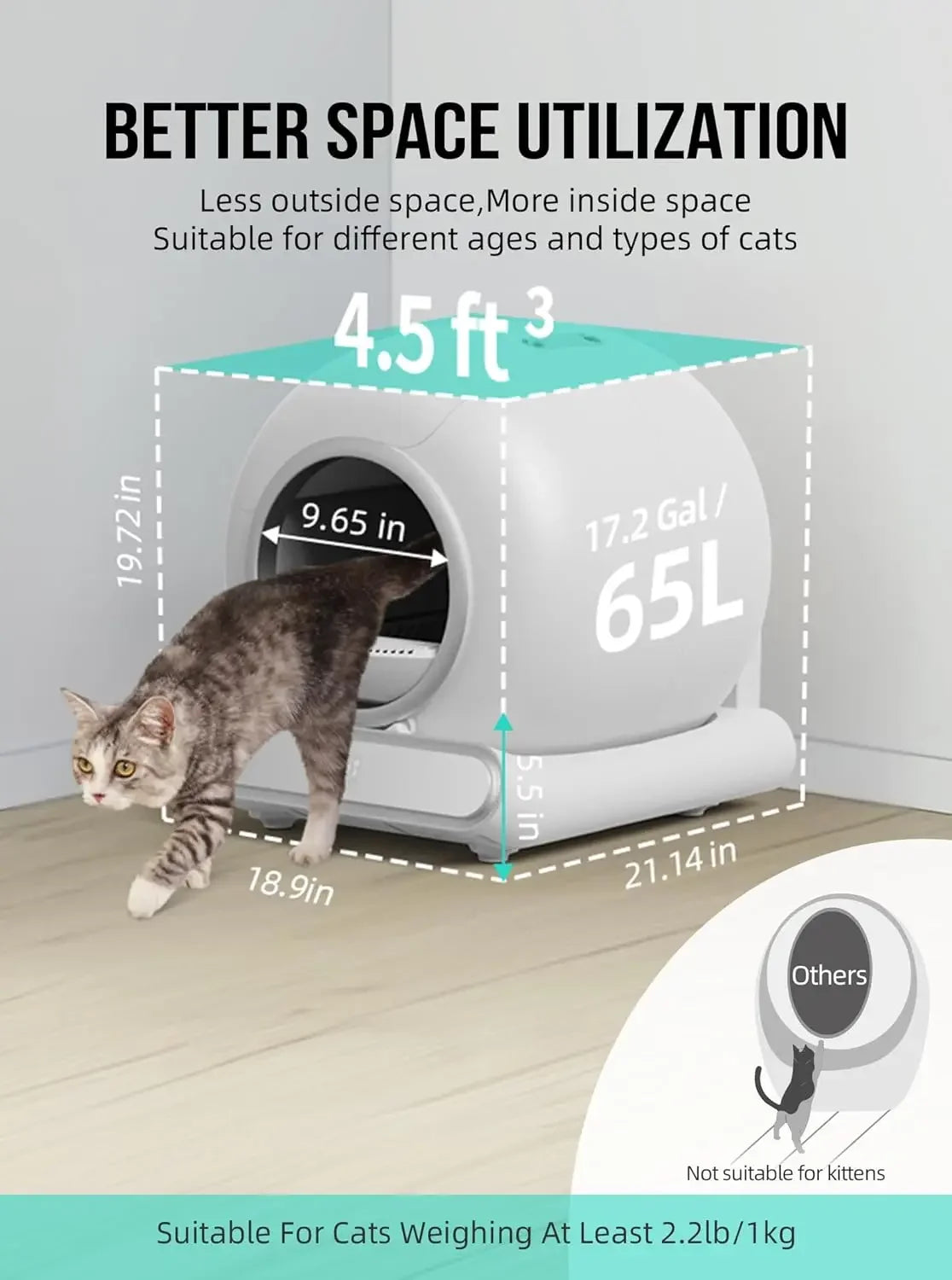 Automatische Kattenbak – Zelfreinigende Kattenbak – Slimme Kattenbak – Elektrische Kattenbak – Kattenbak Met App – Grote Inhoud 65L – Duurzaam Kunststof PP