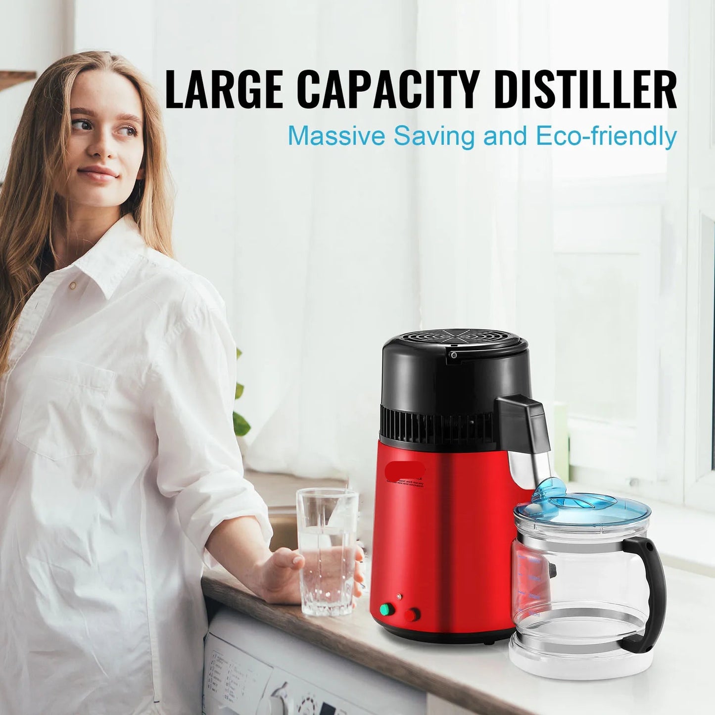 Destilleerapparaat - Water Destilleerapparaat - Waterdispenser - Waterdistilleerder - 4L - Krachtige 750W Waterzuiveraar voor Thuisgebruik - Rood - QUORE