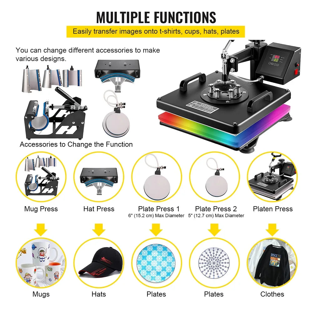 15x15 Inch 8-in-1 Hittepersmachine - 360° Draaibaar - LED Display - Sublimatie Transferpers voor Mokken, T-shirts & Meer - 1250W - Zwart