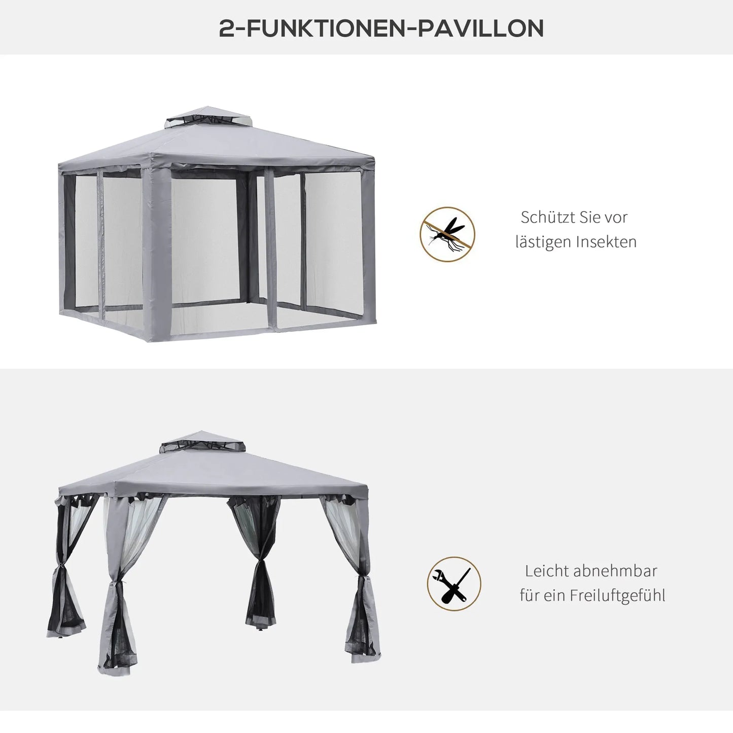 Tuinpaviljoen – Tuin Prieel – Buitenpaviljoen – Terraspaviljoen – Overkapping – Buitenverblijf – Metalen Frame – Waterafstotend Dak – Insectengaas Zijwanden - Grijs