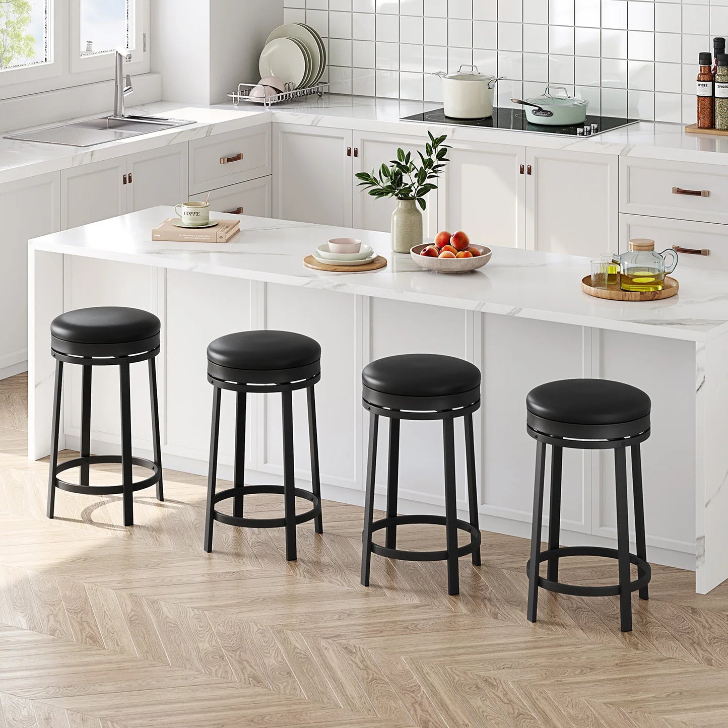 Barkruk – Barstoel – Kruk – Keukenstoel – Barkruk Zonder Rugleuning – 24 Inch Draaibaar – PU-Leren Zitting Met Zacht Schuim - QUORE