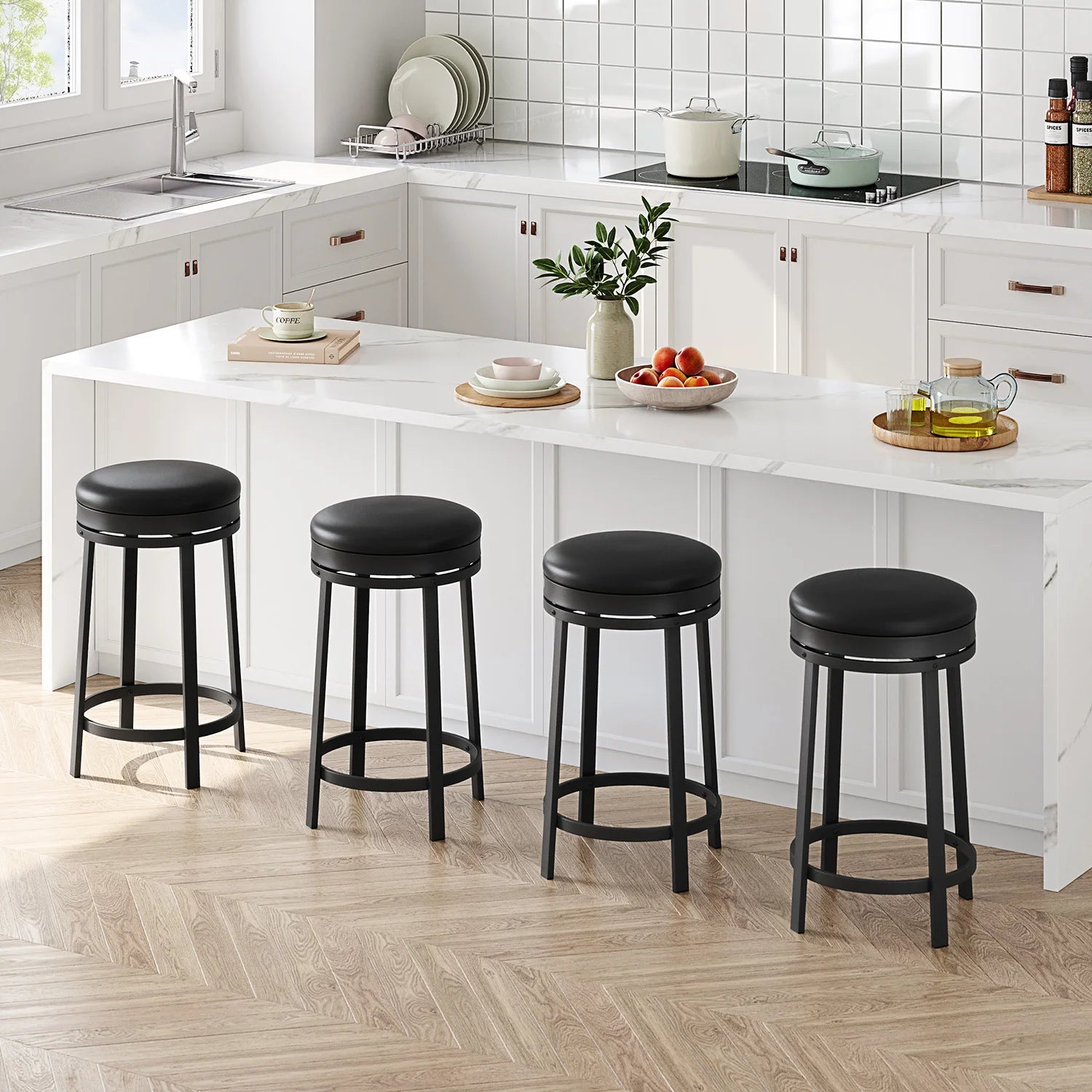 Barkruk – Barstoel – Kruk – Keukenstoel – Barkruk Zonder Rugleuning – 24 Inch Draaibaar – PU-Leren Zitting Met Zacht Schuim - QUORE