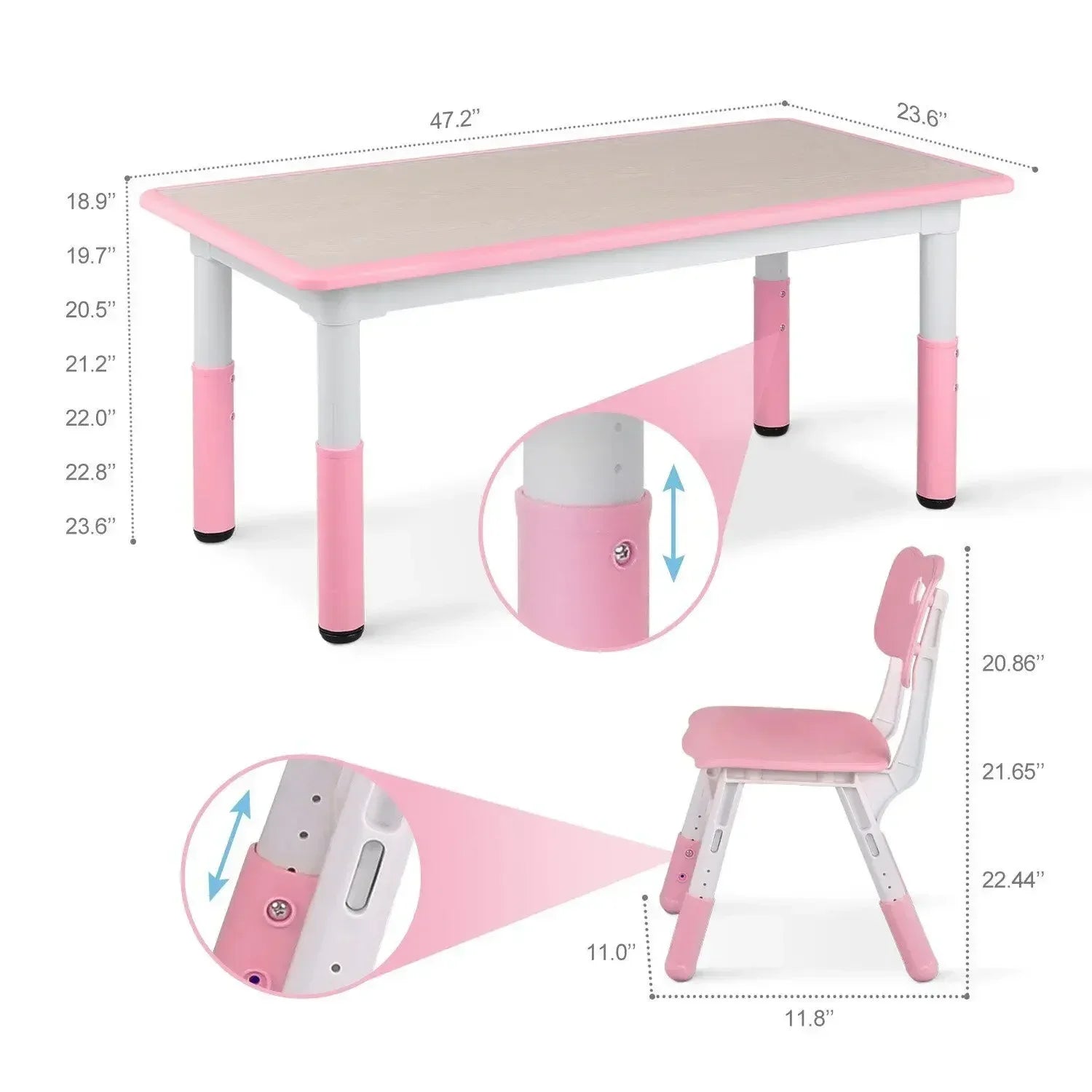 Kindertafelset – Kindermeubelset – Speeltafel Kinderen – Kinderbureau – Kinderstoelen – Verstelbare Hoogte – Duurzaam HDPE Materiaal - Roze - QUORE