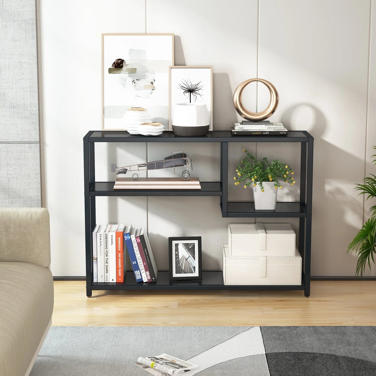 Sidetable - Smalle tafel - Smalle kast - Vakkenkast - Industrieel - Hout en Metaal - 110x30x85cm - Zwart