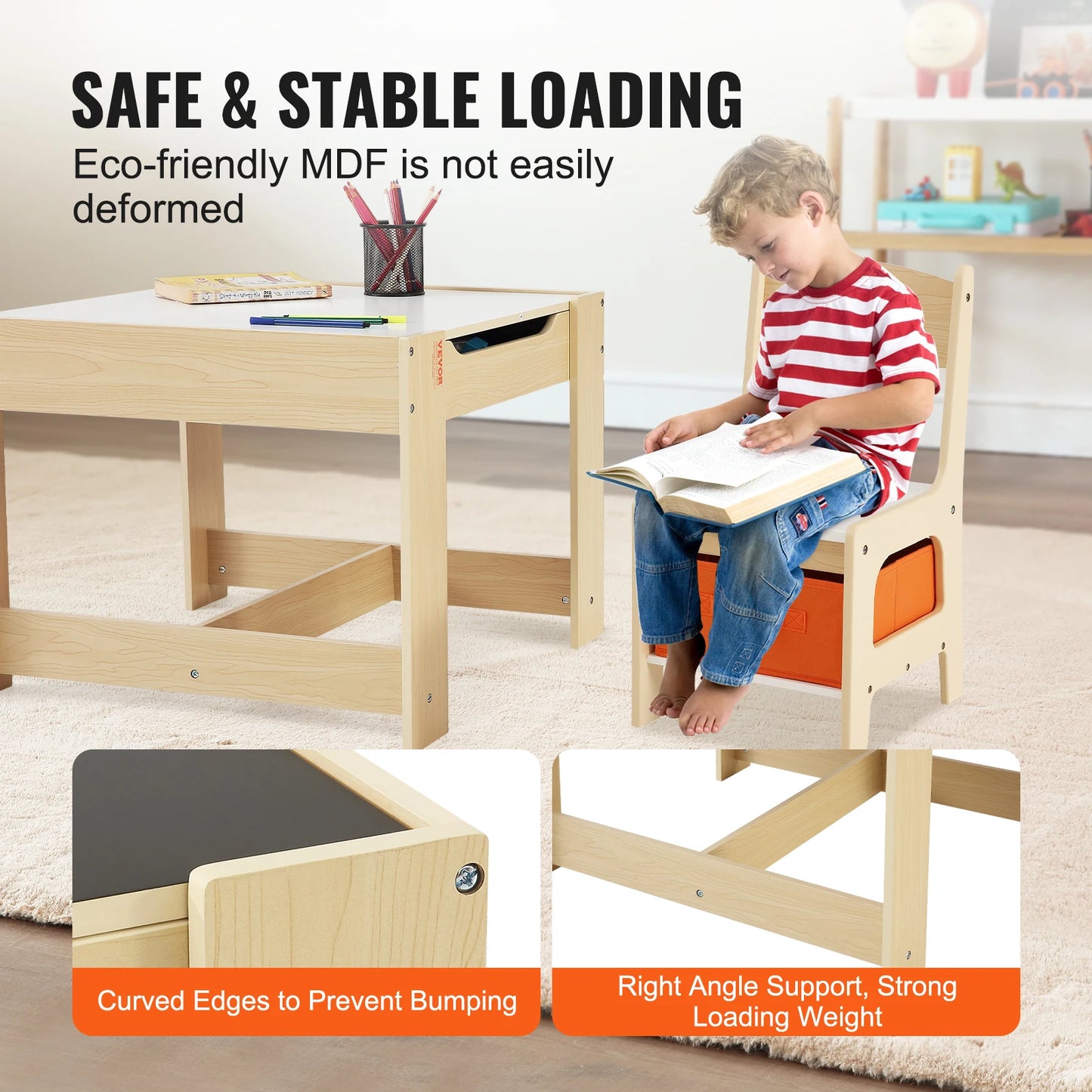 Kindertafel - Kindertafel en Stoeltjes - Kindertafel en Stoelen Set – Houten Activiteitentafel - met Opbergruimte - Dozen - voor Kunstambacht - Lezen - Leren - 61 x 61 x 48.3 cm - Zwart/Houtkleur - QUORE