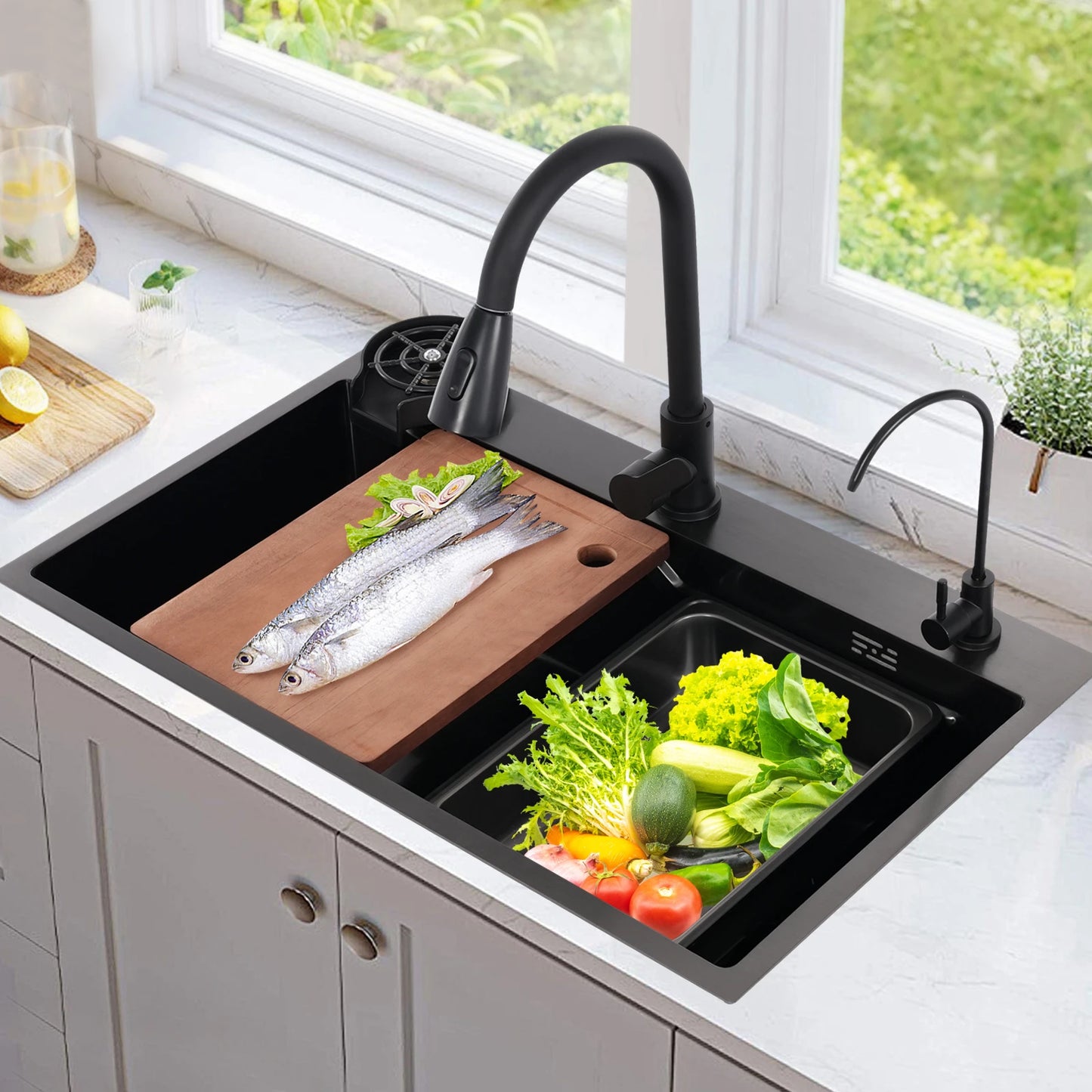 Aanrechtspoelbak – Keukenspoelbak – Vaatbak – Inzetbak – Horeca Spoelbak – 75x45x22 cm – 304 RVS Met Uittrekbare Kraan - QUORE