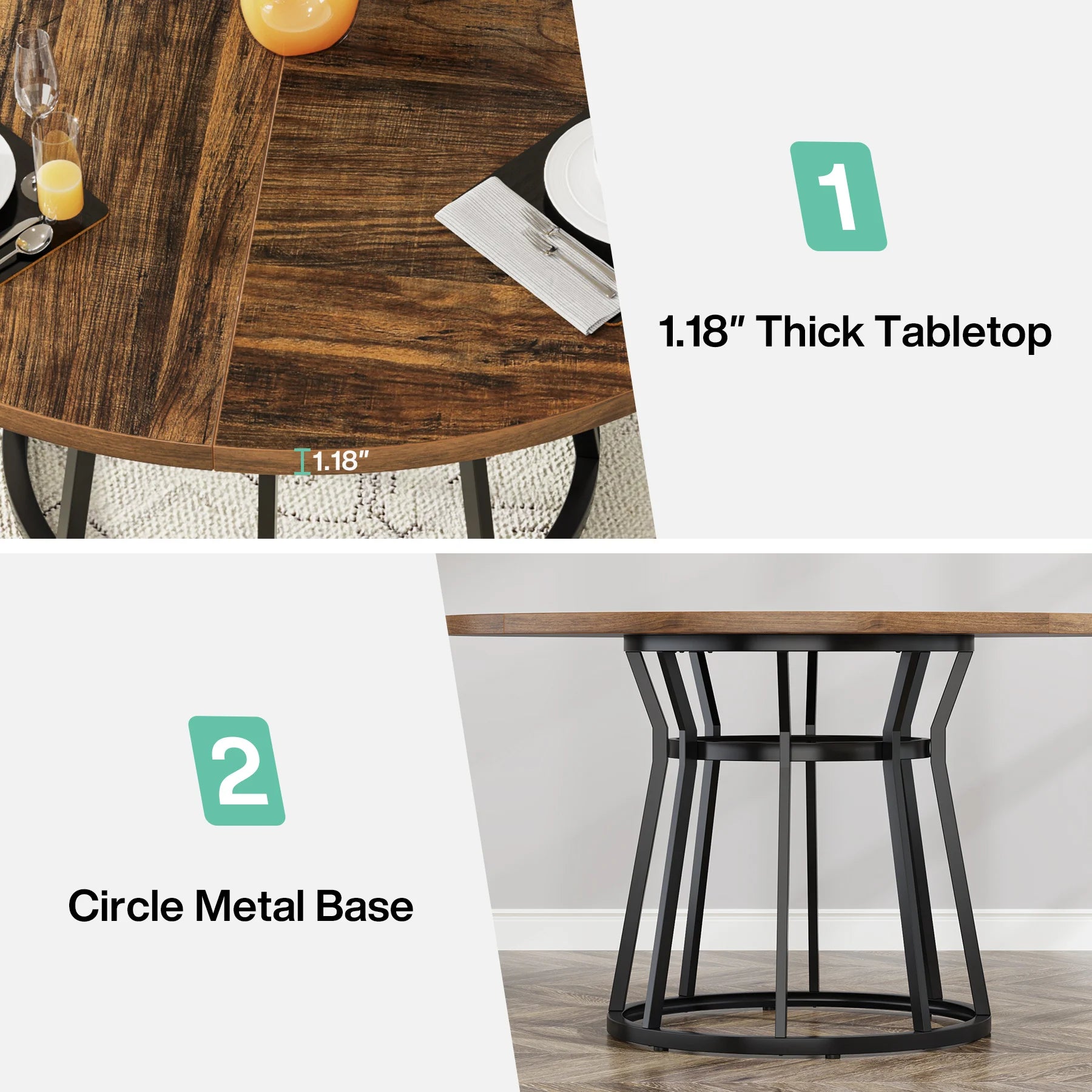 Ronde Eettafel – Ronde Tafel – Eetkamertafel – Family Table – 120 Cm Doorsnede – Stevig Metalen Onderstel - QUORE