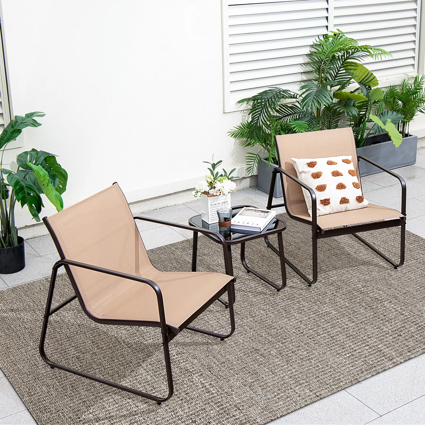3-delige tuinmeubelset - balkonset met 2 stoelen en tafel - balkonmeubels met ademende stof - terrasmeubels - tuingarnituur - zitgroep voor terras - balkon - tuin - bruin - QUORE