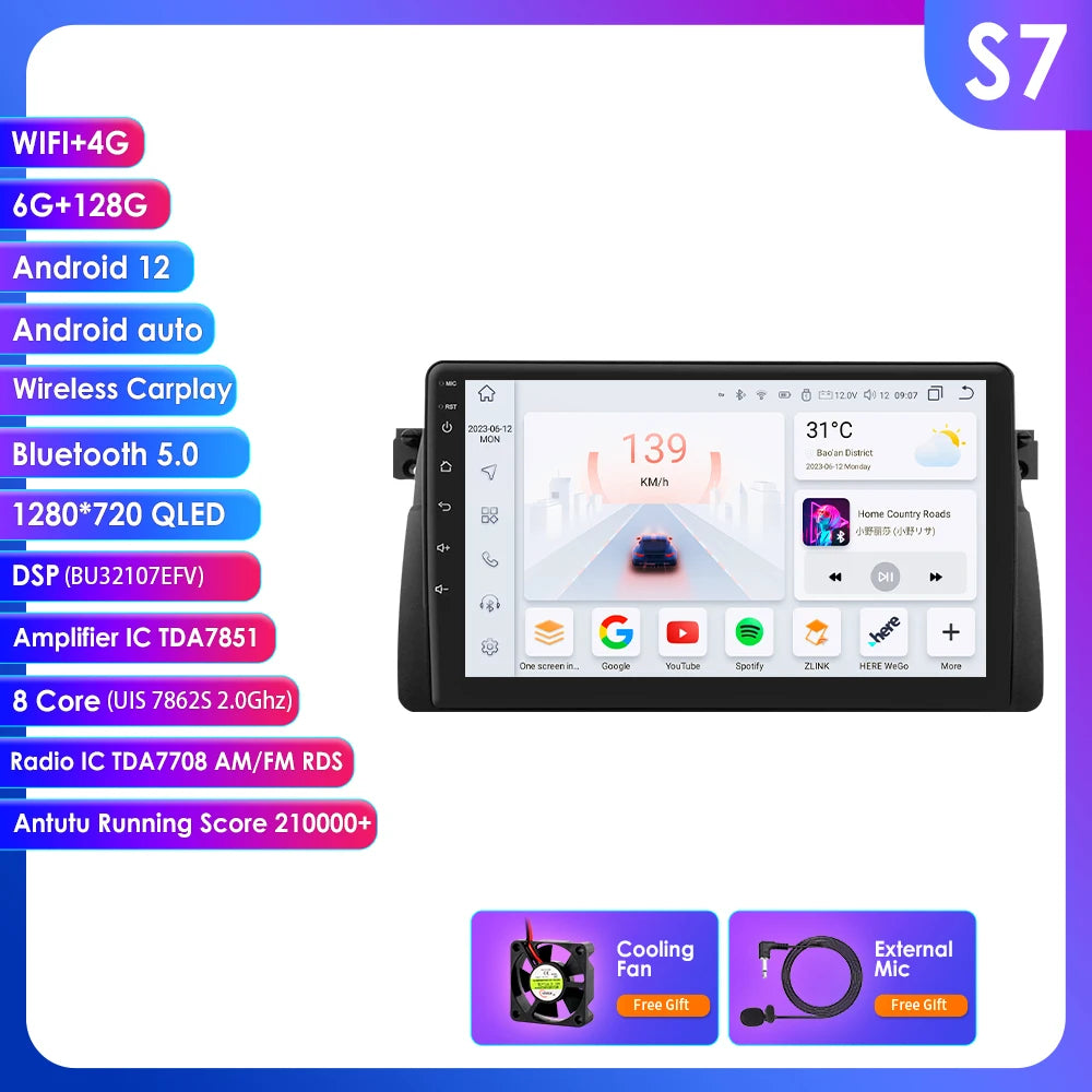 CarPlay - Multimedia Autoradio - Car CarPlay Scherm - Autoradio - Android Automultimedia - (S7) 8Core 6G 128G - voor BMW E46 M3 318/320/325/330/335 Rover 75 Coupé - Navigatie Audio Hoofdeenheid