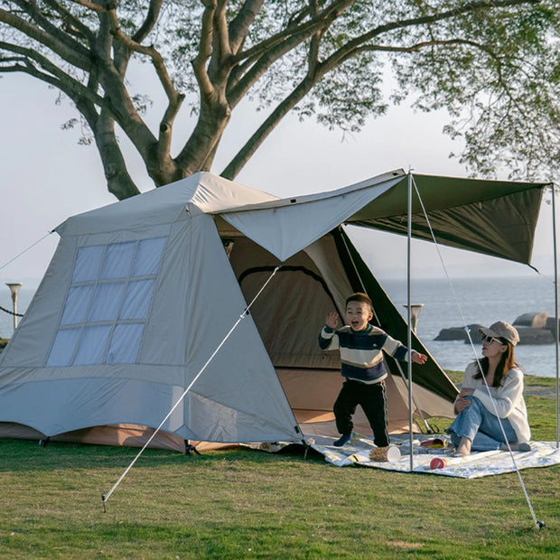 Tent - Strandtent - Campingtent - Ultralichte Campingtunneltent - Dubbellaags - Waterdichte Campingtent - Tweedeurs - Draagbaar - Automatisch Opzetbaar - Tent voor Kamperen Wandelen - Grijs