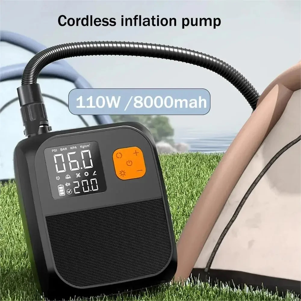 Luchtpomp - Luchtcompressor - Elektrische Fietspomp - Draagbare Digitale Elektrische Luchtpomp - 80W - Oplaadbare 8000mAh Batterij - LED Verlichting, Voor Opblaasmaterialen - Zwart - QUORE