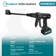 Yofidra - Car Washer - High Pressure Car Washer - Water Gun - 6 IN 1 - 200 Bar - Brushless - Cleaning Garden Washing Spray Gun - Without Battery - Black