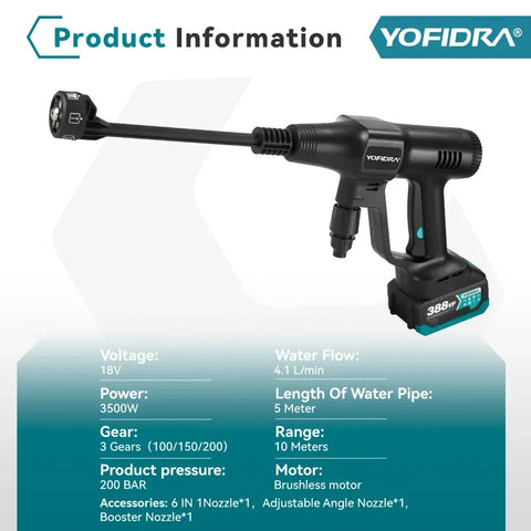 Yofidra - Car Washer - High Pressure Car Washer - Water Gun - 6 IN 1 - 200 Bar - Brushless - Cleaning Garden Washing Spray Gun - Without Battery - Black