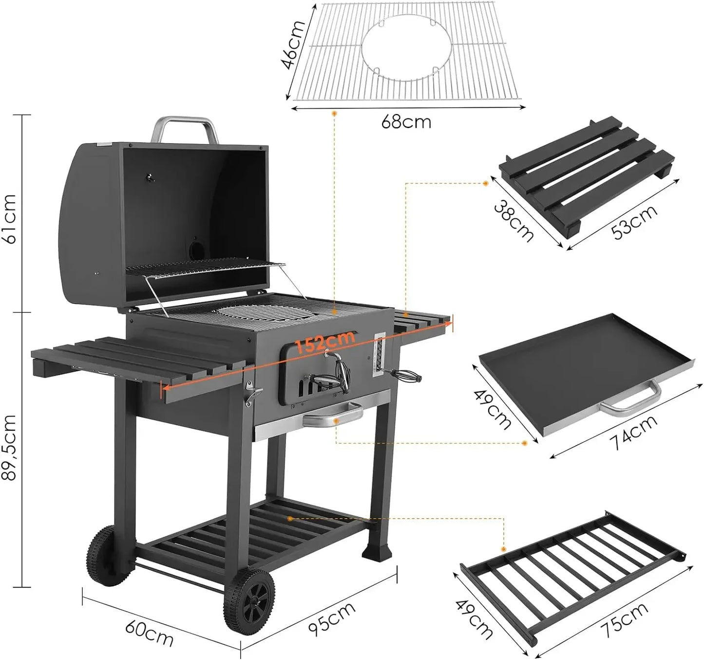 Houtskoolgrill - BBQ-rokergrill -  met Grillroosters - Thermometer - Planken - Haken - Verstelbare Houtskoollade - Wielen - Groot Grilloppervlak - voor Buiten - Tuin - Achtertuingrillen - 152 x 60 x 136 cm - Zwart