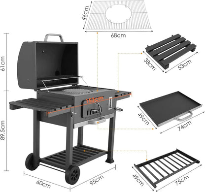 Houtskoolgrill - BBQ-rokergrill -  met Grillroosters - Thermometer - Planken - Haken - Verstelbare Houtskoollade - Wielen - Groot Grilloppervlak - voor Buiten - Tuin - Achtertuingrillen - 152 x 60 x 136 cm - Zwart