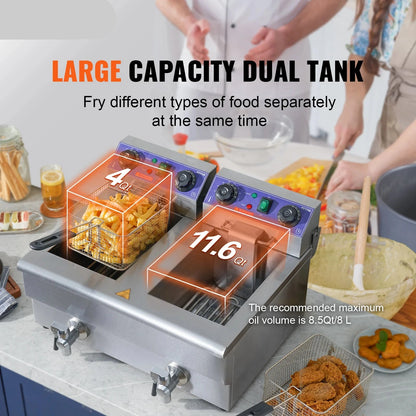 Dubbele Frituurpan - Frituurpannen - Horeca Friteuse - 12L - 3000W - Instelbare Thermostaat - RVS - 2 Tanks - Afvoerkraan - met Timer - en Filte - Voor Friet - Kip en Snacks - QUORE