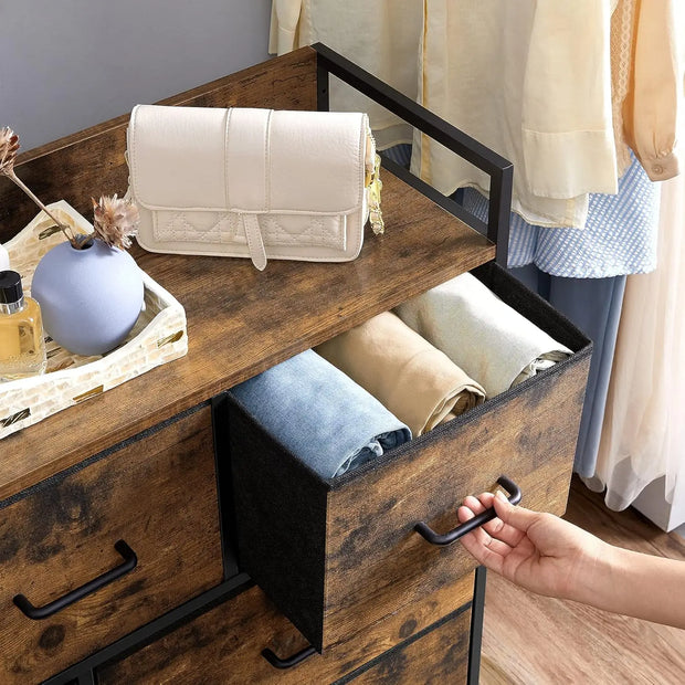 Ladekasten hout - 7 lades industriële stijl - metalen frame ladekast - stoffen lade - Bruin