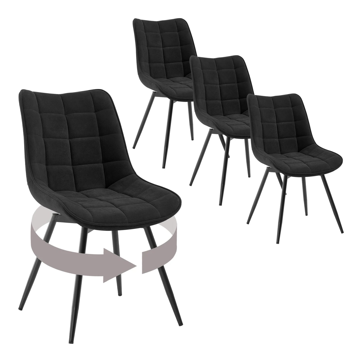 Velvet Eetkamerstoelen - Retstoel -  Stoelen - Kuipstoelen - Eetkamerstoel - Set van 4 - 360° Draaibaar – Ergonomisch & Gestoffeerd – Zwart - QUORE