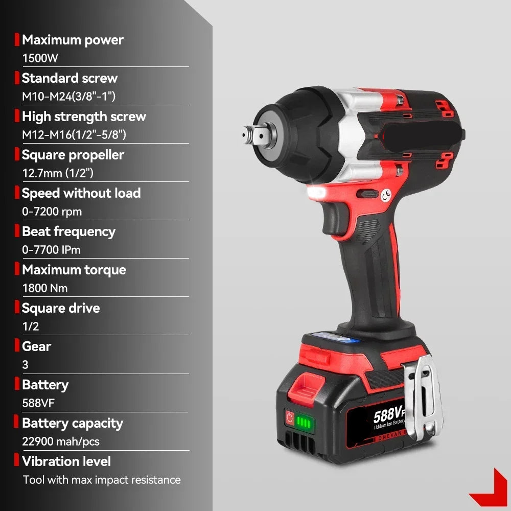 Slagmoersleutel - met Accu - Slagschroevendraaier - Brushless - Elektrische - Torque - 1800Nm Draadloze - 1/2 Inch - 18V Batterij - Handgereedschap - 1 Batterij