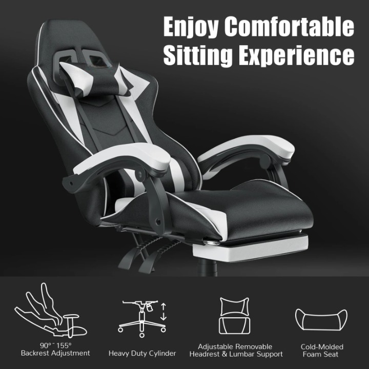 Gaming Stoel - Bureaustoel - Swivel Stoel - met Voetsteun - Hoofdsteun - Verstelbare - Rugleuning - Lendenkussen - Ergonomische - Draaibare - 68 x 50 x 122-144 cm - Wit