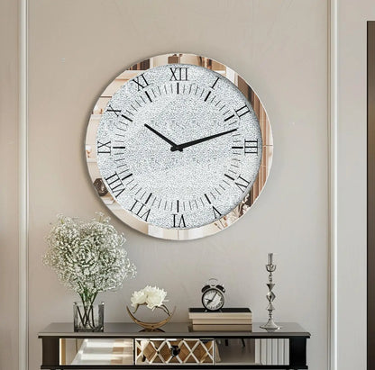 Ronde Wandklok – Kristallen Klok – Spiegelklok – Diamant Effect Klok – Zilveren Wandklok – Quartz Uurwerk – 60 cm Diameter