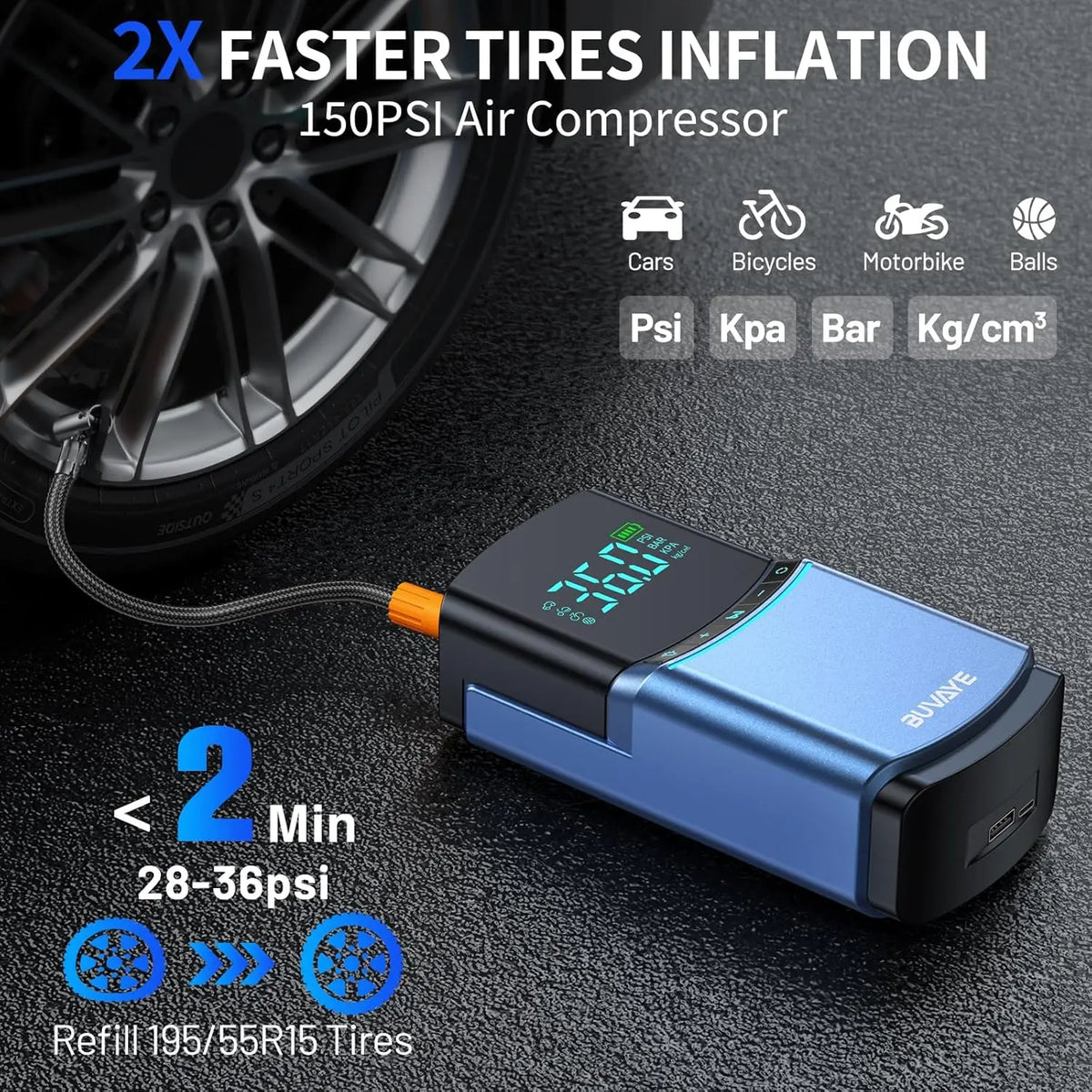 BUVAYE 4 in 1 Car Jump Starter Air Pump 150PSI Tyre Compressor 2000A Starter Device 10000mAh Power bank Digital Inflatable Pump - QUORE