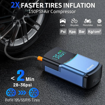 BUVAYE 4 in 1 Car Jump Starter Air Pump 150PSI Tyre Compressor 2000A Starter Device 10000mAh Power bank Digital Inflatable Pump - QUORE