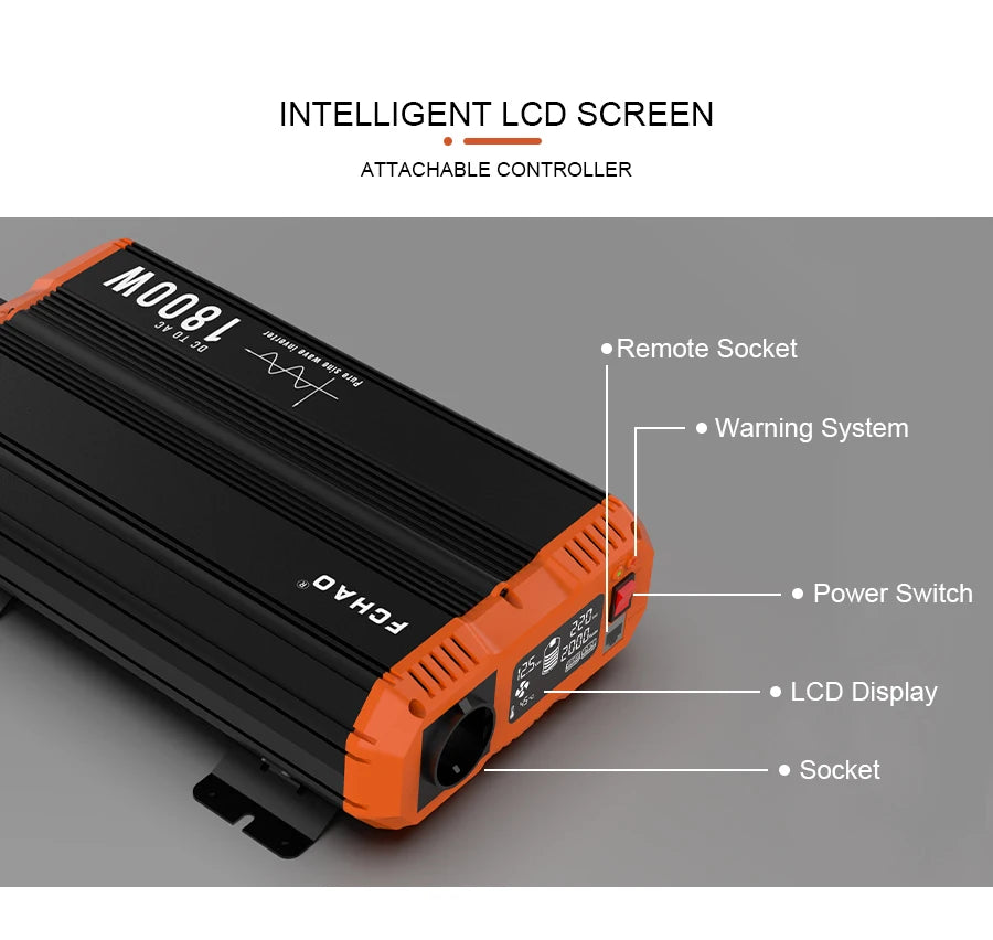 Zuivere Sinusgolf Omvormer – Power Inverter – Stroomomzetter – DC naar AC Converter – 2000W Omvormer – Pure Sinusgolf – Afstandsbediening – Aluminium Behuizing – Overbelastingbescherming - QUORE
