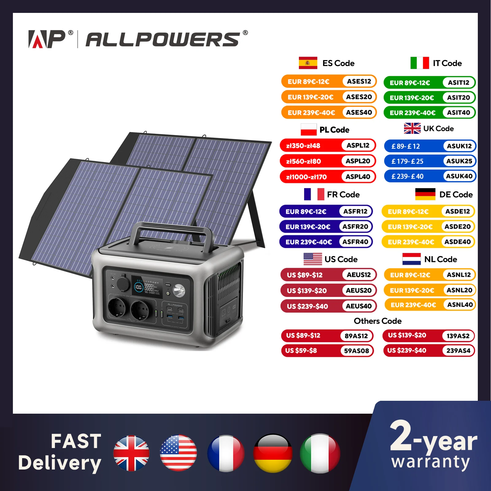 ALLPOWERS Solarpanel 100W 140W 200W Solar Energy Charger with LiFePo4 Battery 299Wh 600W Portable Power Station for Camping RV - QUORE