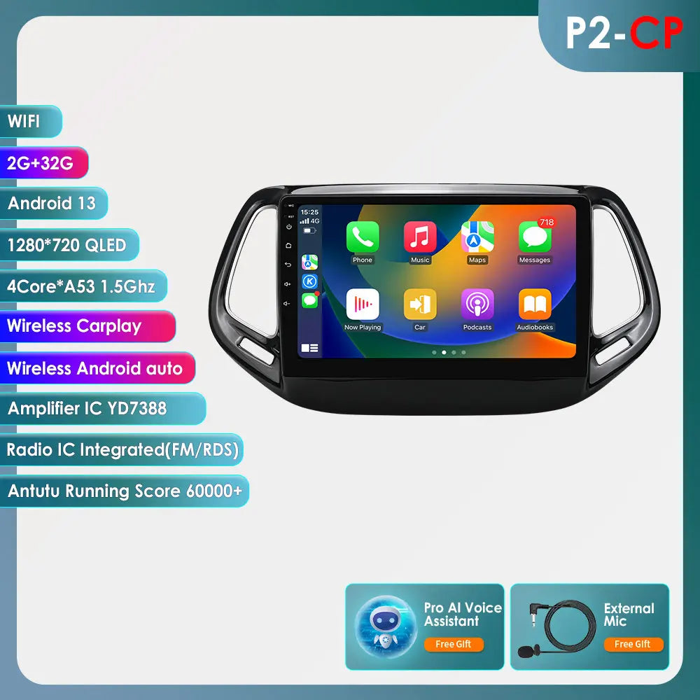 Hizpo Car Android 14 for Jeep Compass 2017 -2020 Auto Radio Multimedia Player GPS Navigation Carplay Stereo 4G BT No 2din DVD AI - QUORE