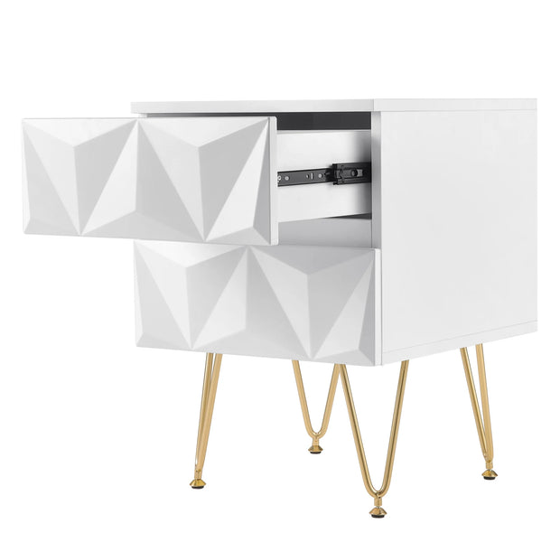 Nachtkastje – 3D-Effect Laden – Opbergkast met 2 Lades – Modern & Stijlvol – Metalen Poten – 40x53x40 cm – Wit
