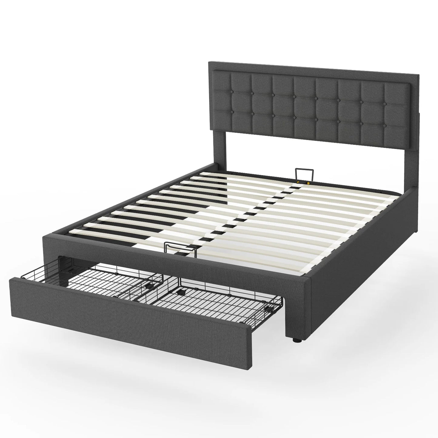 Tweepersoonsbed – Bedframe – Slaapbed – Opbergbed – Boxspringbed – Stabiel Metalen Frame – Hydraulische Opbergruimte 140x200 cm - Donkergrijs - QUORE