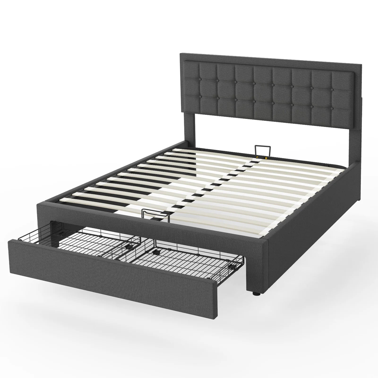 Tweepersoonsbed – Bedframe – Slaapbed – Opbergbed – Boxspringbed – Stabiel Metalen Frame – Hydraulische Opbergruimte 140x200 cm - Donkergrijs - QUORE
