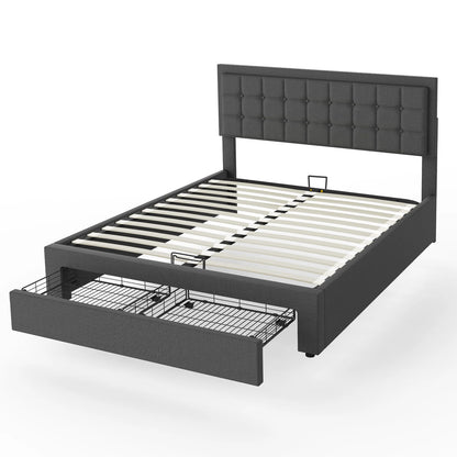 Tweepersoonsbed – Bedframe – Slaapbed – Opbergbed – Boxspringbed – Stabiel Metalen Frame – Hydraulische Opbergruimte 140x200 cm - Donkergrijs - QUORE