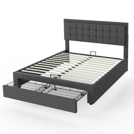 Tweepersoonsbed – Bedframe – Slaapbed – Opbergbed – Boxspringbed – Stabiel Metalen Frame – Hydraulische Opbergruimte 140x200 cm - Donkergrijs - QUORE