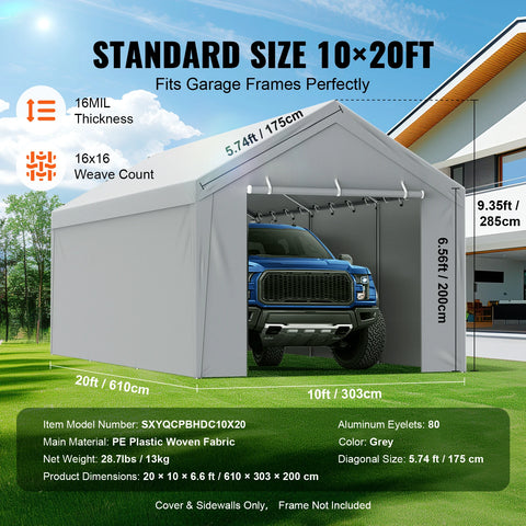 Tent - Vervangende Overkapping - Pickup Truck Tent - Zonder Frame - 10x20 ft - Garage Tent - Shelter Tarp - Waterdicht & UV-beschermd - Tuin Buiten Carport - Grijs
