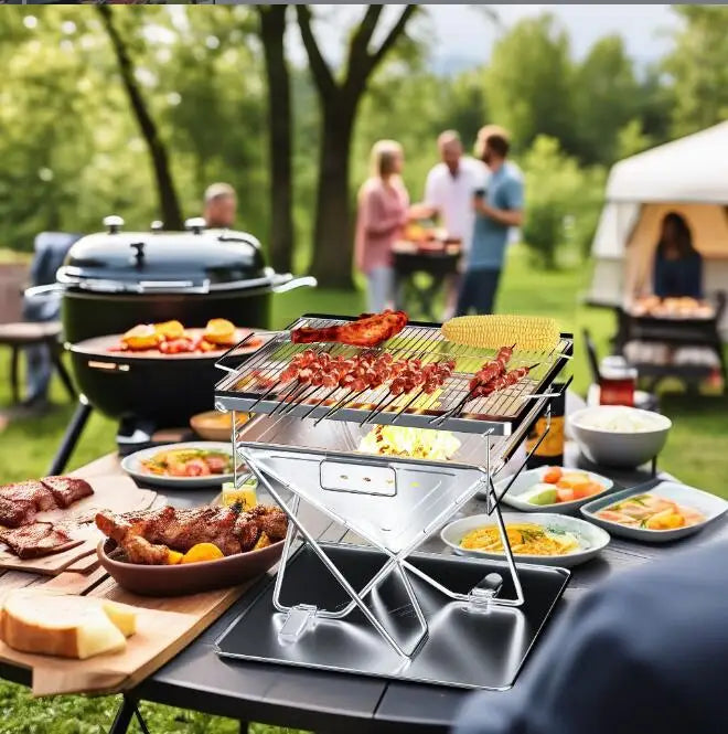 Opvouwbare Camping Vuurschaal - Draagbare Houtskoolgrill - Campvuur Grill - Verstelbare - BBQ-grill - RVS - voor Kamperen - en Buitenavonturen - Inclusief Draagtas