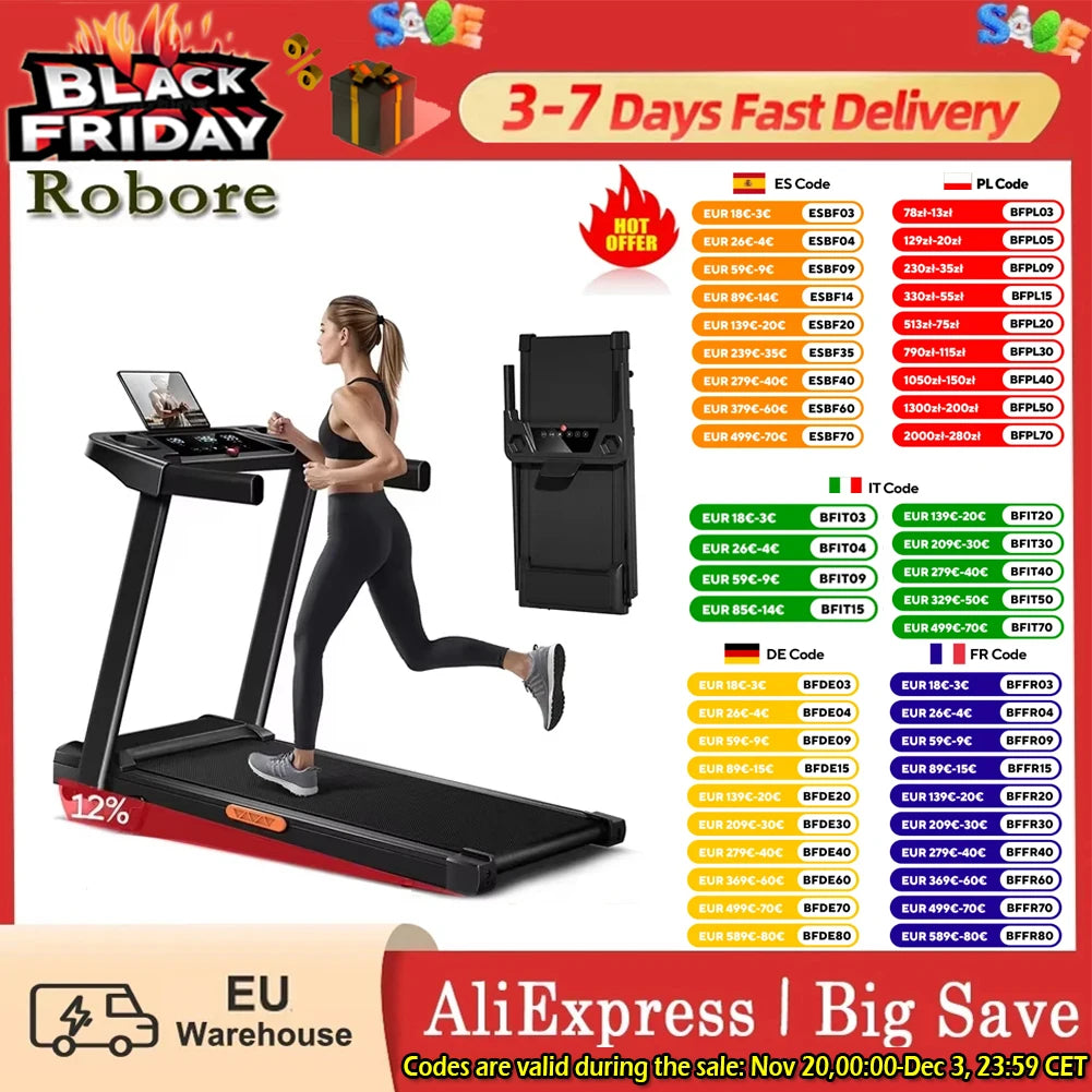 ROBORE SF10 Treadmill With 12% Incline, Electric Treadmill 12KM/H, Foldable Treadmill for home with 3.0 HP Motor and LED Display
