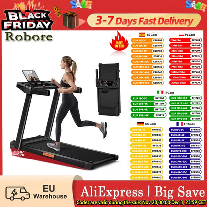 ROBORE SF10 Treadmill With 12% Incline, Electric Treadmill 12KM/H, Foldable Treadmill for home with 3.0 HP Motor and LED Display