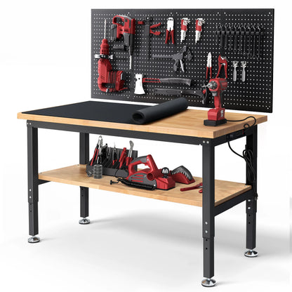 Verstelbare Werkbank - Werktafel - Industriële Werkbank - 60inch - Rubberen Houten Werktafel - met Metalen Pegboard - en 2-Laags Opslag - Grote Werktafel - voor Houtbewerking - en Klussen