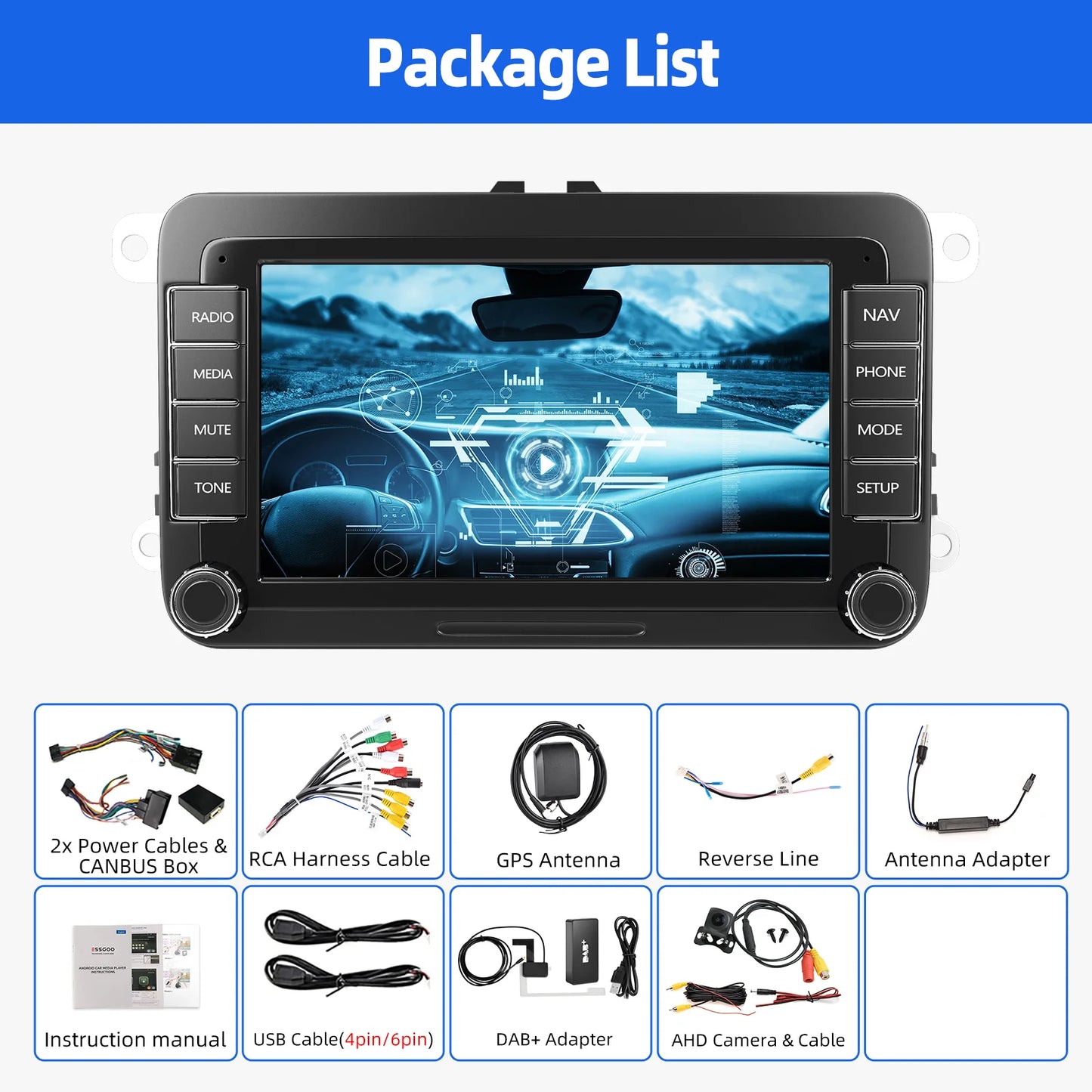 ESSGOO Android 14 6G 128G Carplay Car Radio For Volkswagen Passat b6 b7 golf 5 6 Polo Jetta Skoda Multimedia Player GPS WiFi RDS