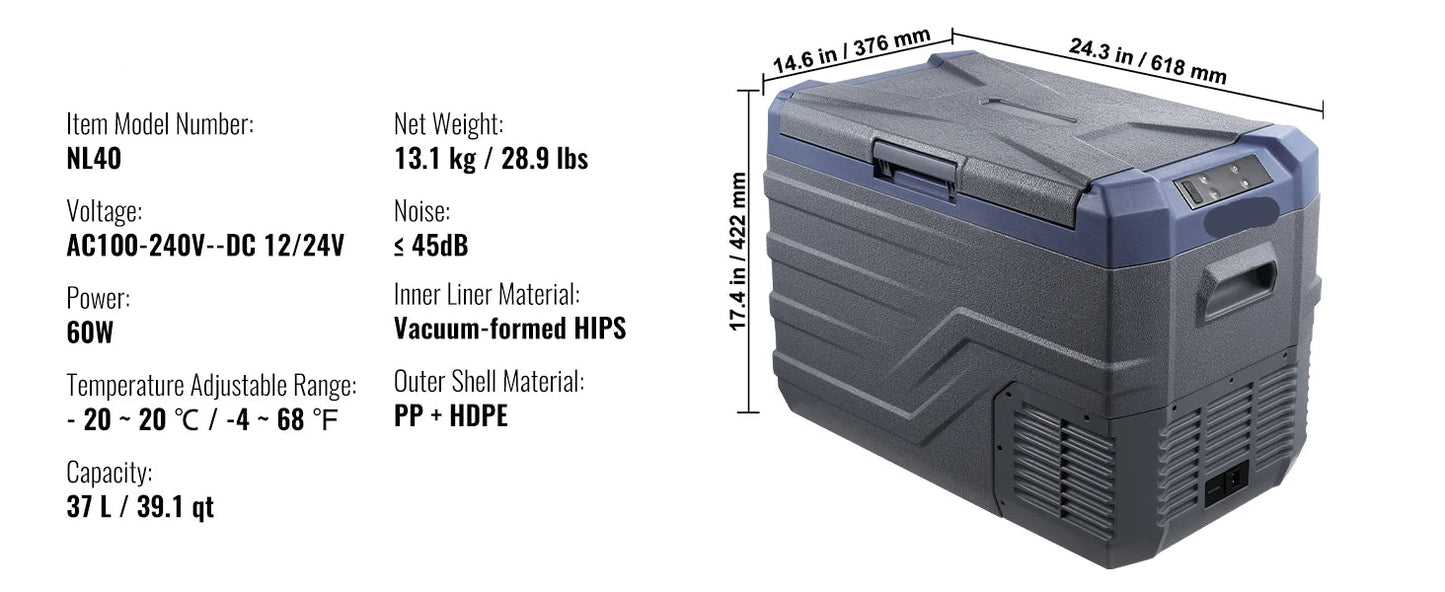 Draagbare Autokoelkast - Compressor Koelbox - Minikoelkast - Koelbox Auto - Elektrische Koelbox - Bluetooth & LCD - 12/24V DC 110-240V - Voor Auto - Camper en Boot - 13.1kg Gewicht