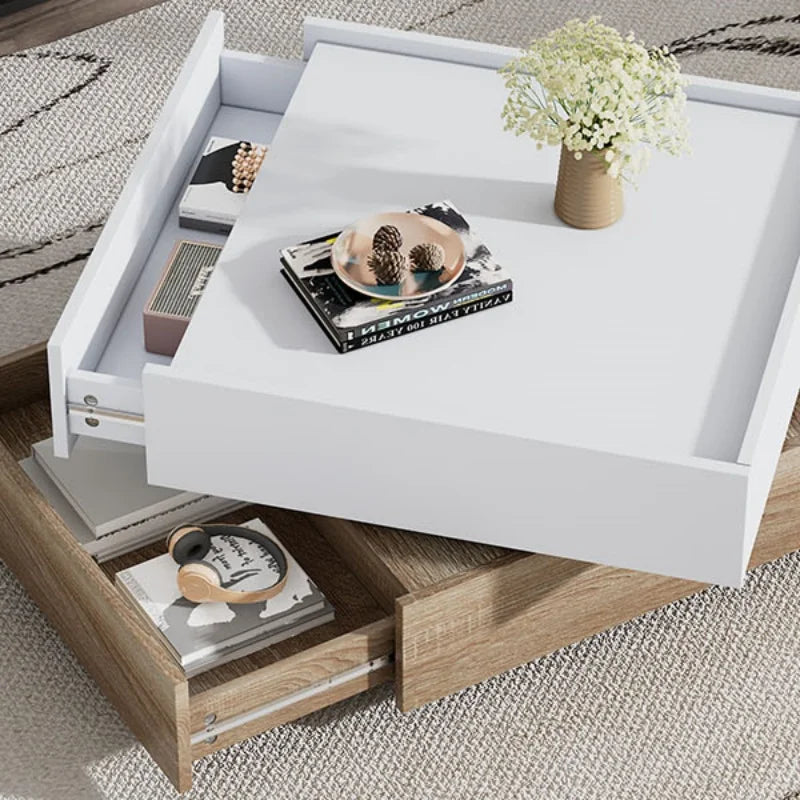 Living Room Table Rotatable To 360 ° Rotatable Table Top With 2 Floors Storage Cabinet Side Table With Walnut Frame 60*60*38cm