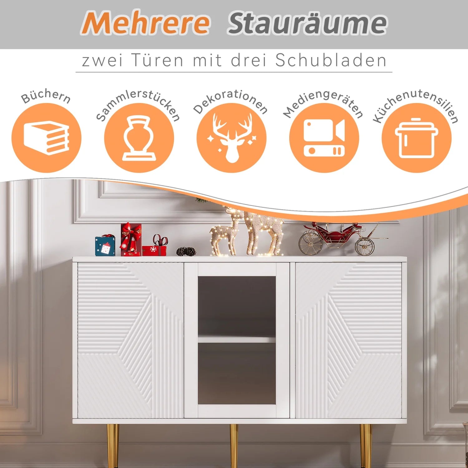 Kast – Opbergkast – Woonkamer Meubel – Dressoir – Spaanplaat – Metalen Poten – 120 x 38 x 79.5 cm - Wit - QUORE