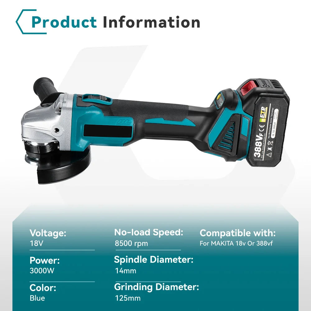 Accu Haakse Slijper - 125 mm - Draadloos Slijptol - 18V - Brushless Motor - 8500 RPM - 3000W - 3 Snelheden - Voor Slijpen - Snijden - en Polijsten - Compact en draagbaar - Zonder Accu - QUORE