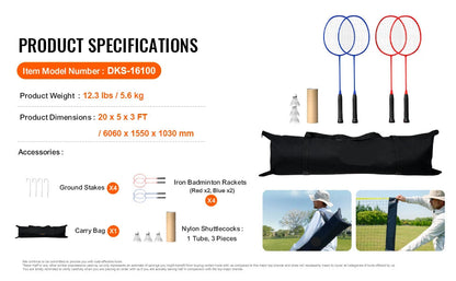 Badmintonnet - Badmintonnet outdoor - Tennisnet - Badminton - 20 voet breed - Verstelbaar - Set - Palenstandaard