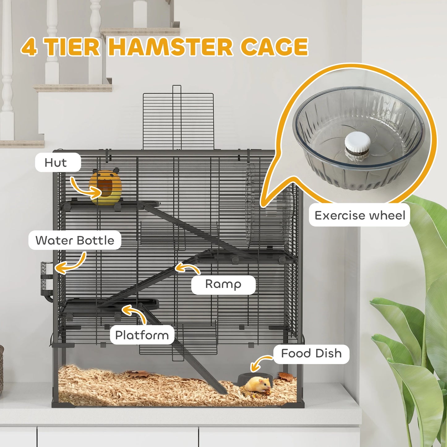 Dwerg Hamsterkooi – Knaagdierkooi – Hamsterkooi – Kleine Dierkooi – Rodent Cage – Zwart – 4 Verdiepingen – Gehard Glazen Bodem - QUORE