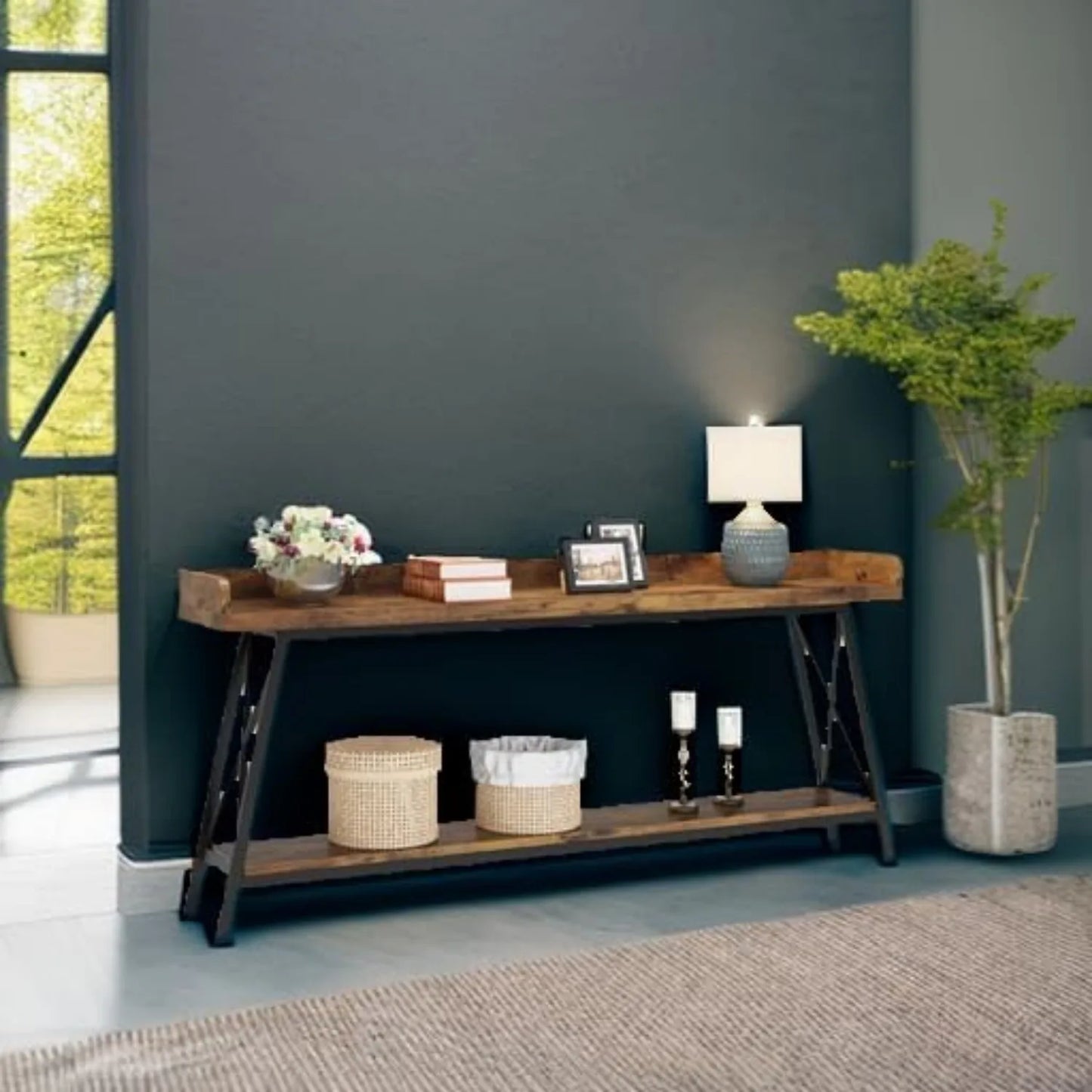 Extra Lange Sofa Tafel – Sofa Tafel Achterbank – Sidetable – Banktafel – Industriële Tafel – 180 cm Lang – Rustiek Houten Blad en Metaalframe